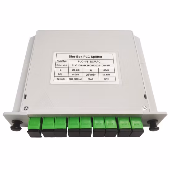 Divisor PLC de fibra óptica tipo casete FTTH de calidad 1*8 Sc/APC 09mm con excelente uniformidad y confiabilidad